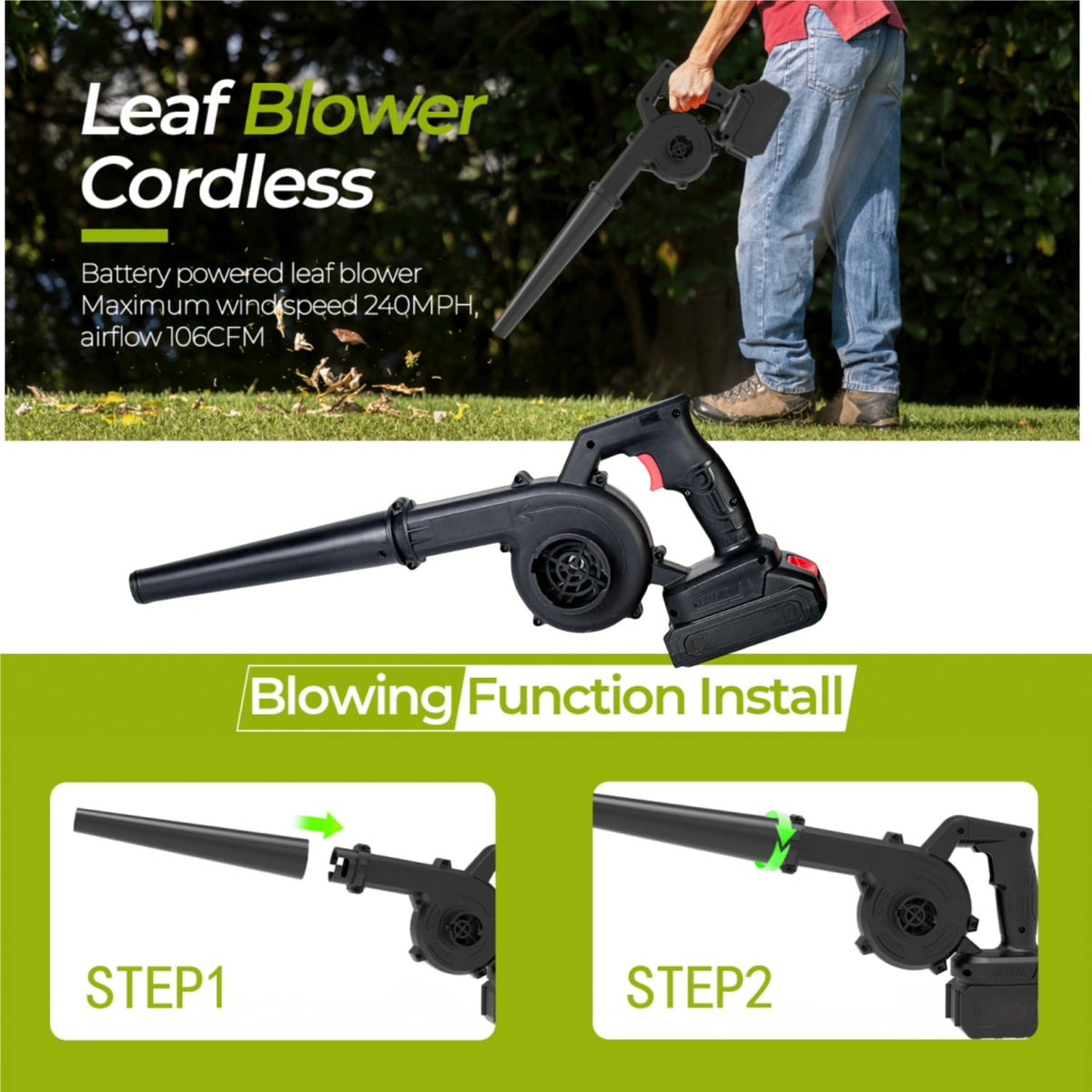 Cordless leaf blower vacuum: blower tube installation steps.
