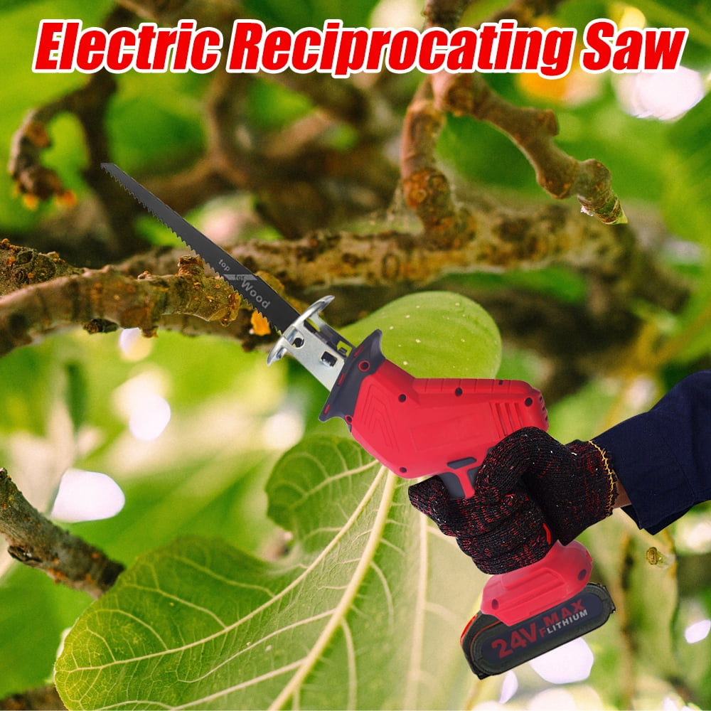 Cordless reciprocating saw: reciprocating saw cutting a branch.