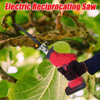 Cordless reciprocating saw: reciprocating saw cutting a branch.