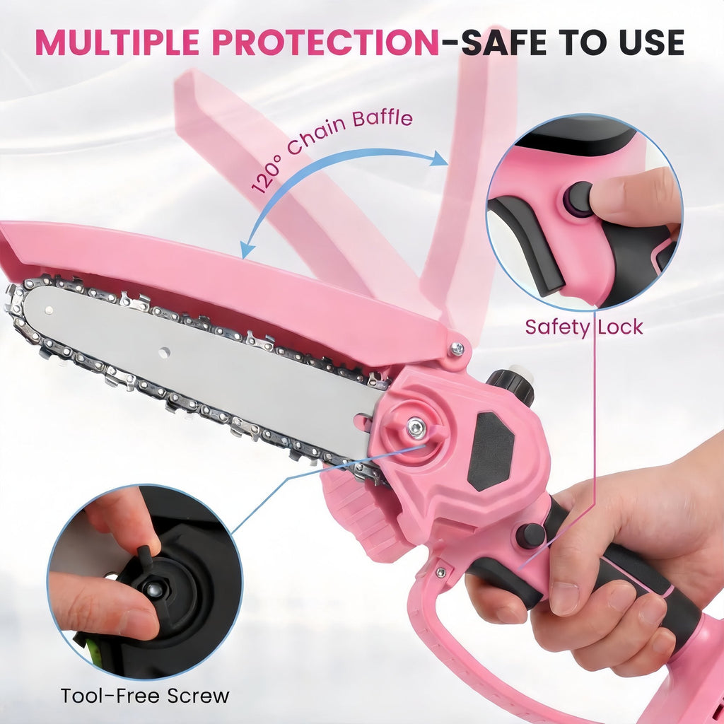 Pink cordless mini chainsaw: guard safety lock and adjustment screw.