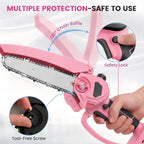Pink cordless mini chainsaw: guard safety lock and adjustment screw.