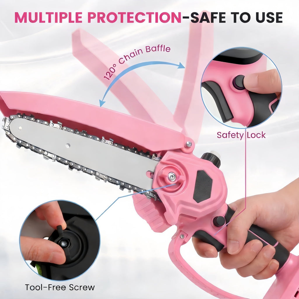 6 inch cordless mini chainsaw: chain guard and safety-lock close-ups.