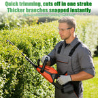 Cordless hedge trimmer: hedge trimmer cutting a hedge.