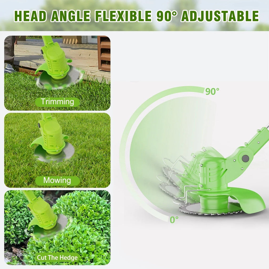 Green cordless trimmer: pivoting cutting-head angles.