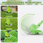 Green cordless trimmer: pivoting cutting-head angles.