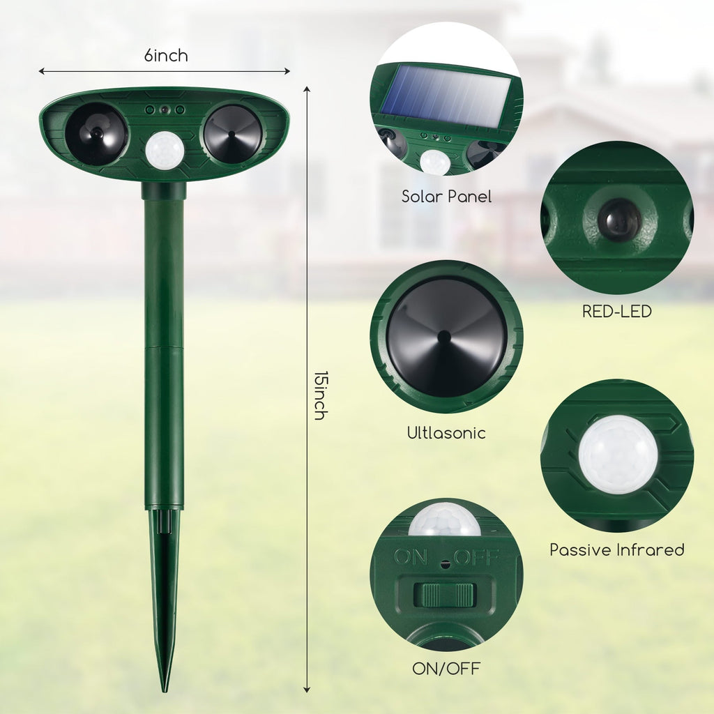 Solar motion activated animal repeller: sensor speaker switch and panel details.
