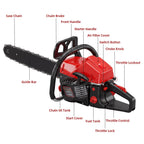 62cc gas chainsaw: labeled chainsaw controls and tanks.