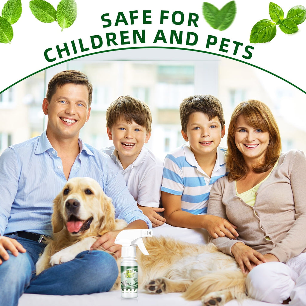 Peppermint rodent repellent spray: family and pet promotional artwork.
