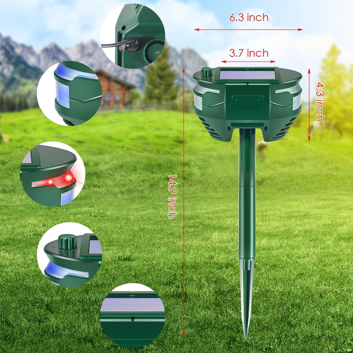 Solar animal deterrent with motion sensor: panel light and sensor close-ups.