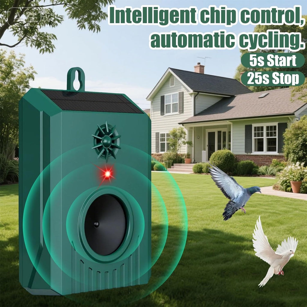 Solar bird deterrent: automatic sound-cycle illustration.