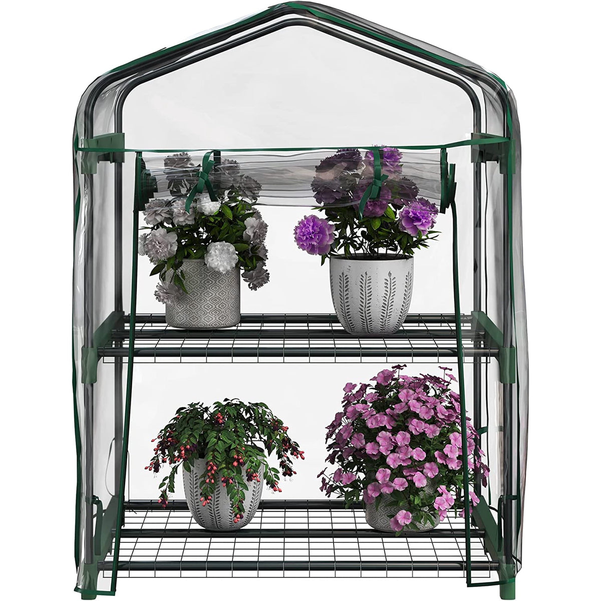 2 tier mini greenhouse: greenhouse shelves holding flowering plants.
