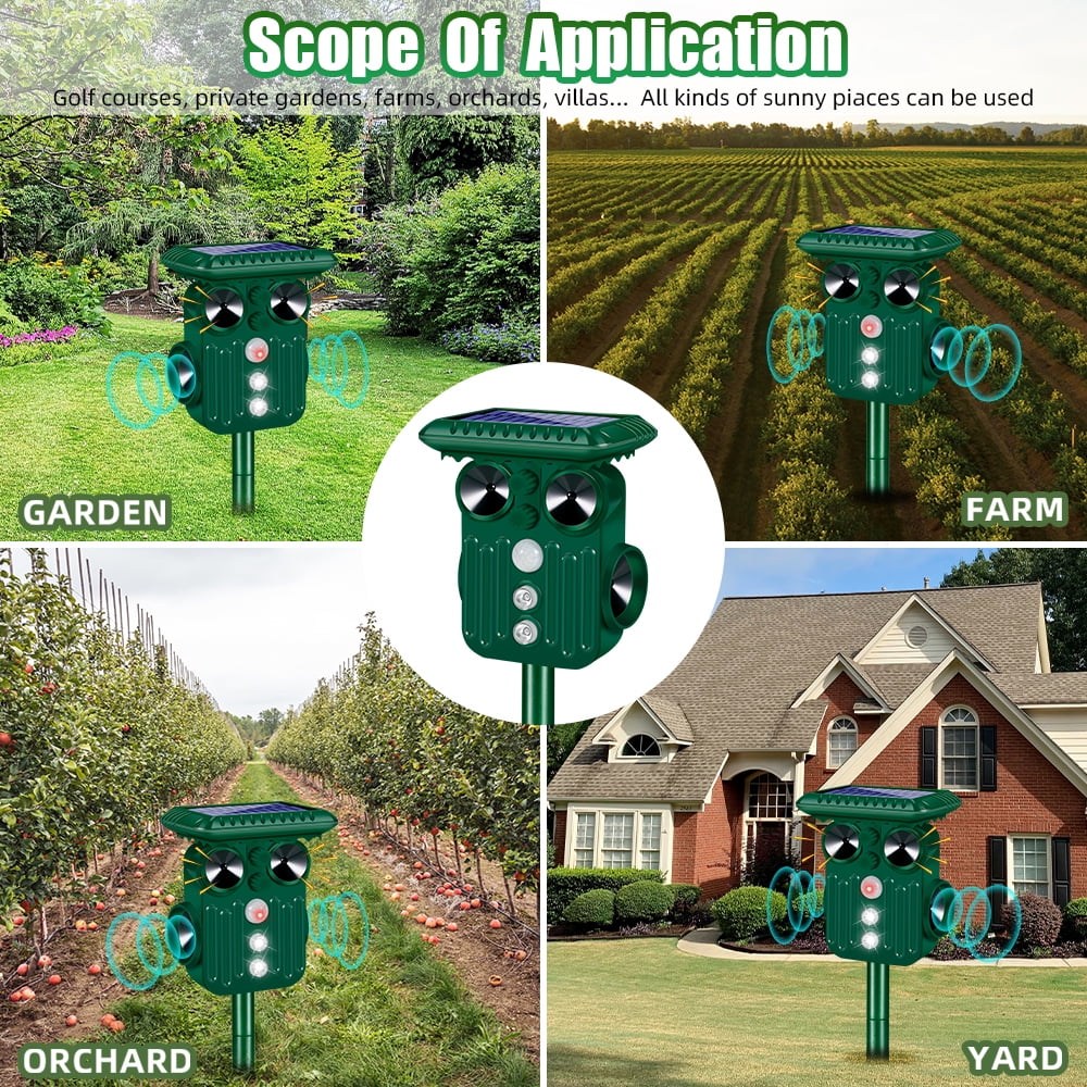 Multi direction solar animal repeller: garden and farm placement examples.