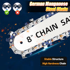 8 inch cordless mini chainsaw: chain and guide bar close-up.