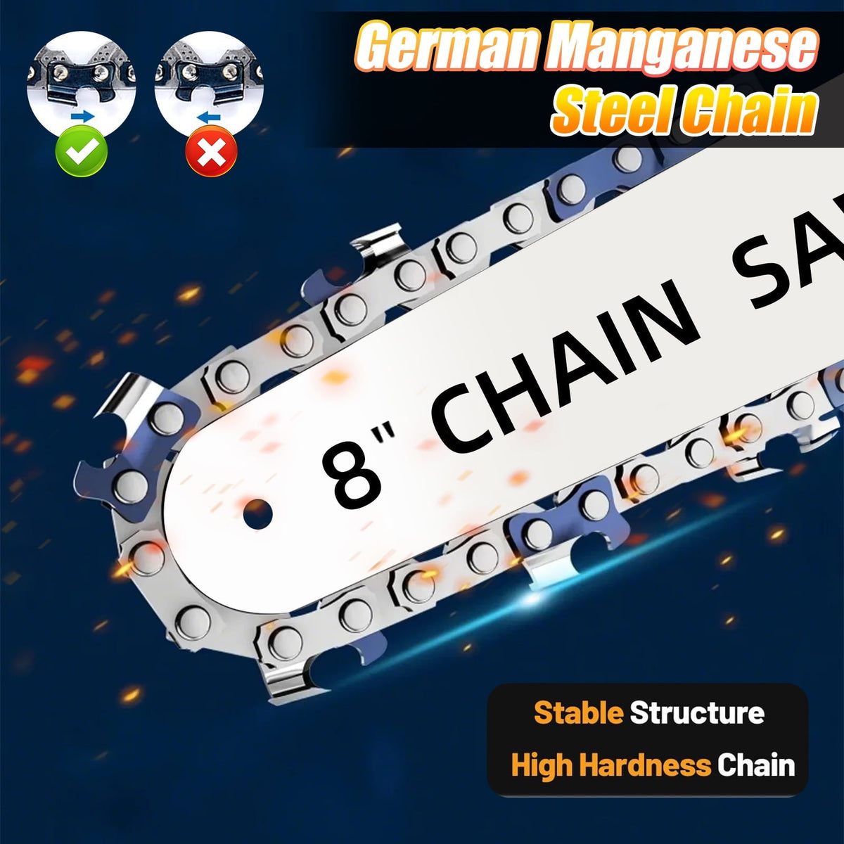 8 inch cordless mini chainsaw: chain and guide bar close-up.