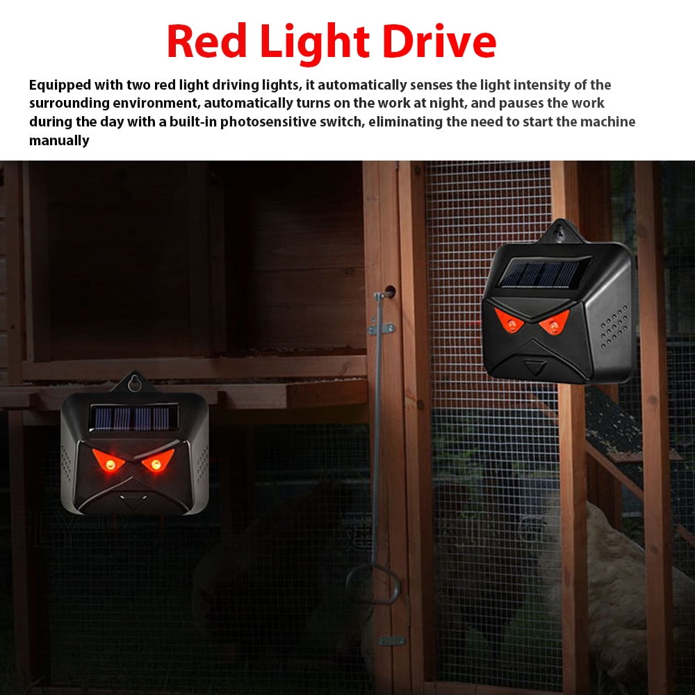 Solar red light animal deterrent: red-light devices mounted at night.