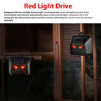 Solar red light animal deterrent: red-light devices mounted at night.