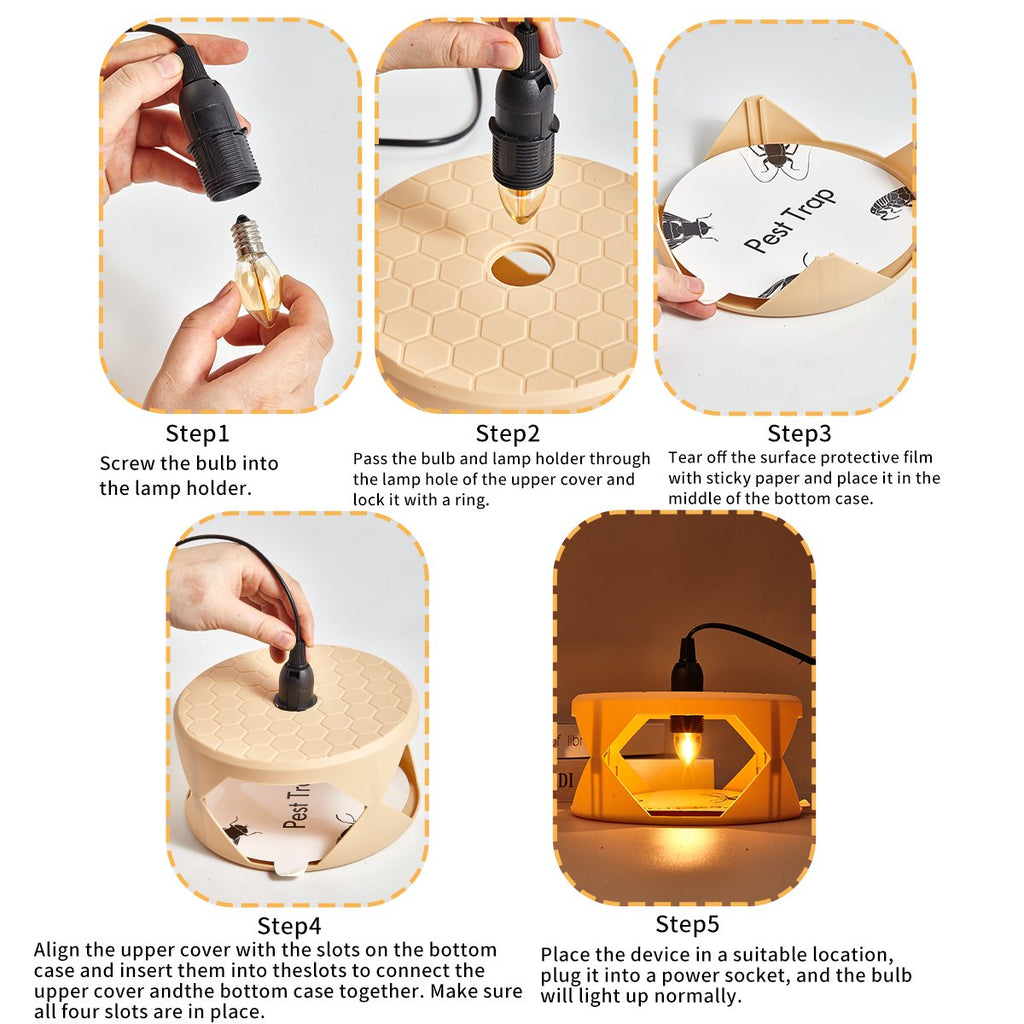 Indoor electric flea trap: trap bulb and pad setup sequence.