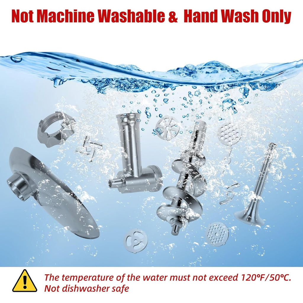 Meat grinder attachment for KitchenAid: hand-washing care illustration.