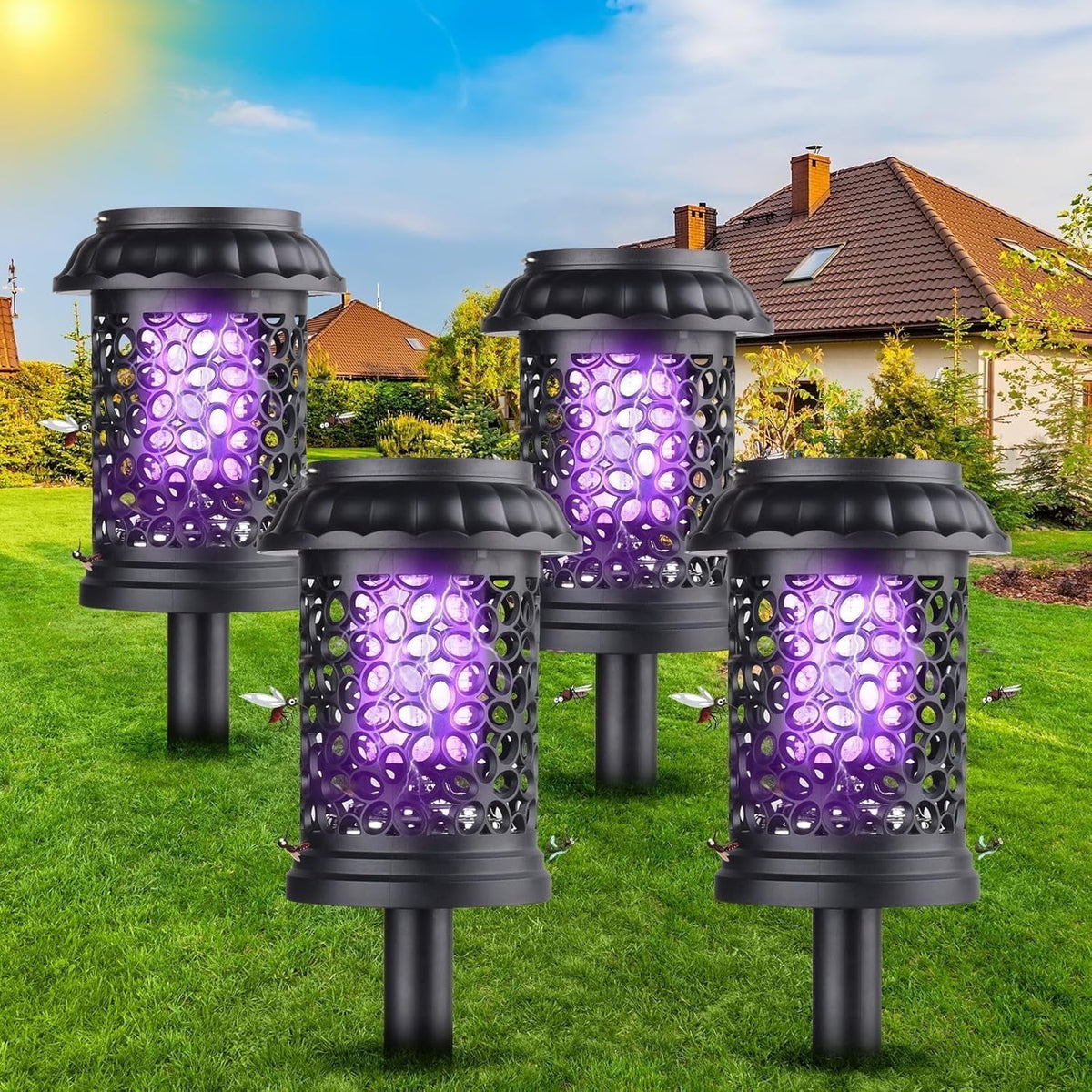 Solar bug zapper lantern: four black lantern-style solar zappers.
