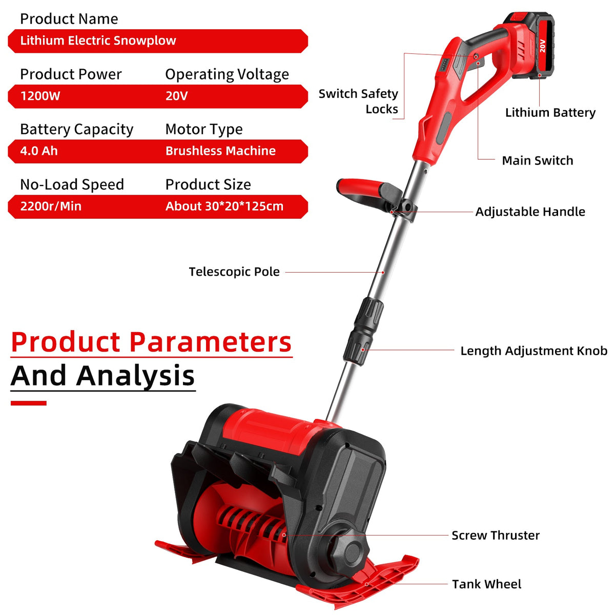 Cordless snow shovel: labeled snow shovel controls and dimensions.