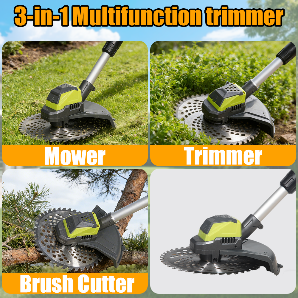 Cordless trimmer with pivoting head: trimming application examples.