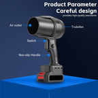 Black cordless leaf blower: labeled blower outlet grip and switch.