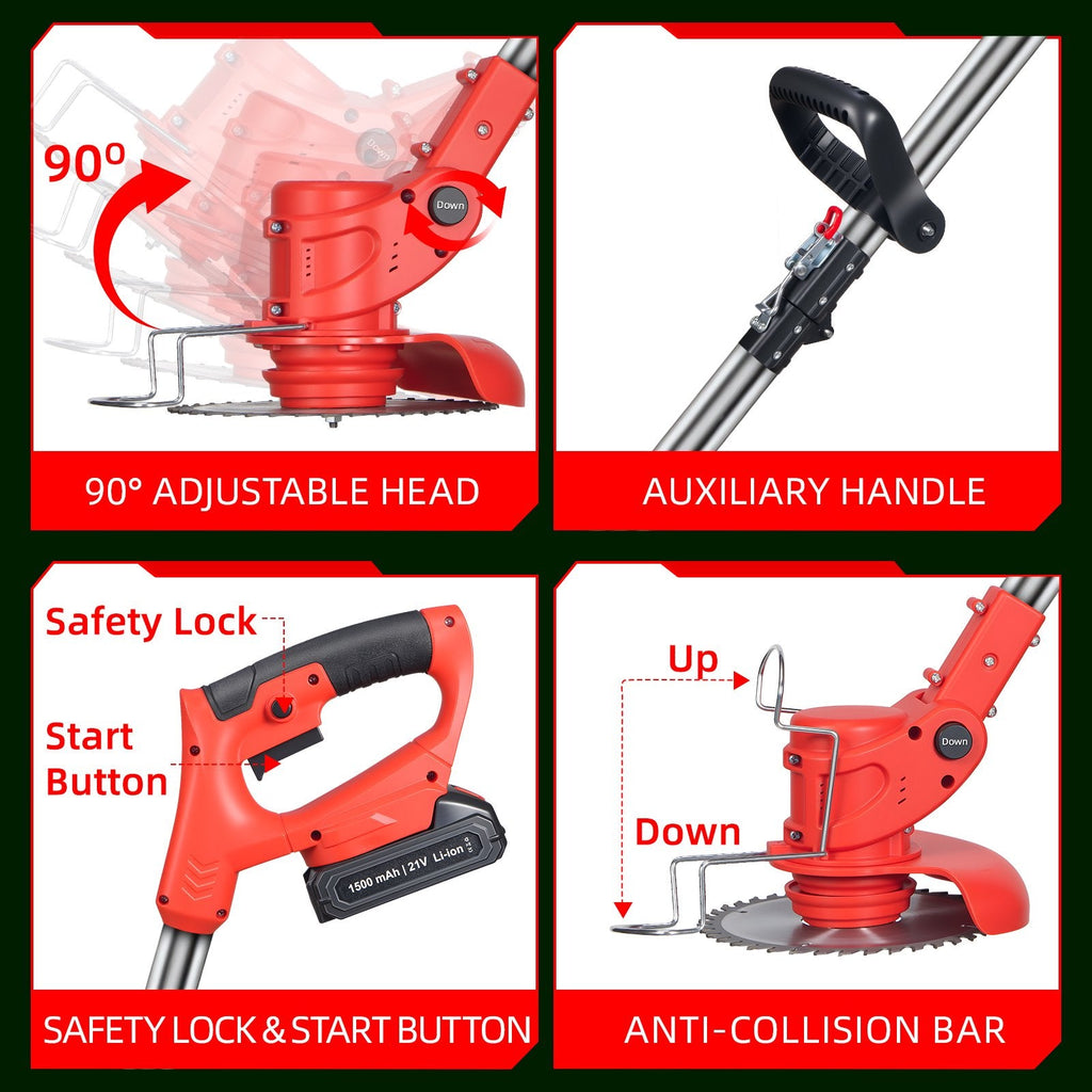 Foldable cordless brush cutter: head adjustment grip and safety lock.