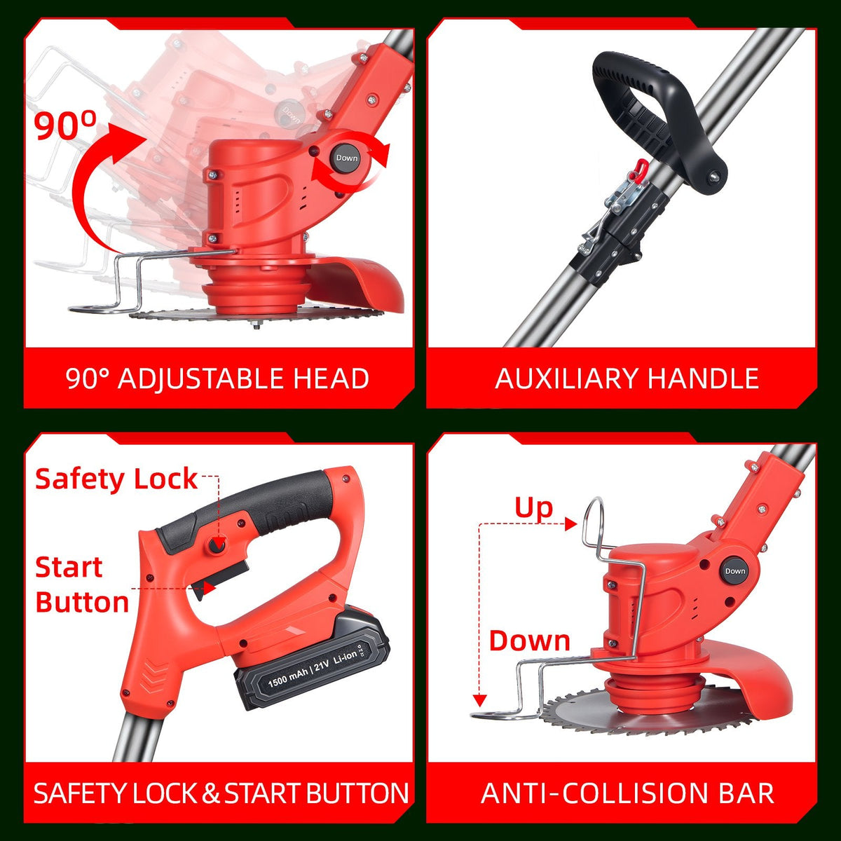 Foldable cordless brush cutter: head adjustment grip and safety lock.