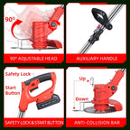 Cordless brush cutter with wheels: head adjustment grip and safety lock.
