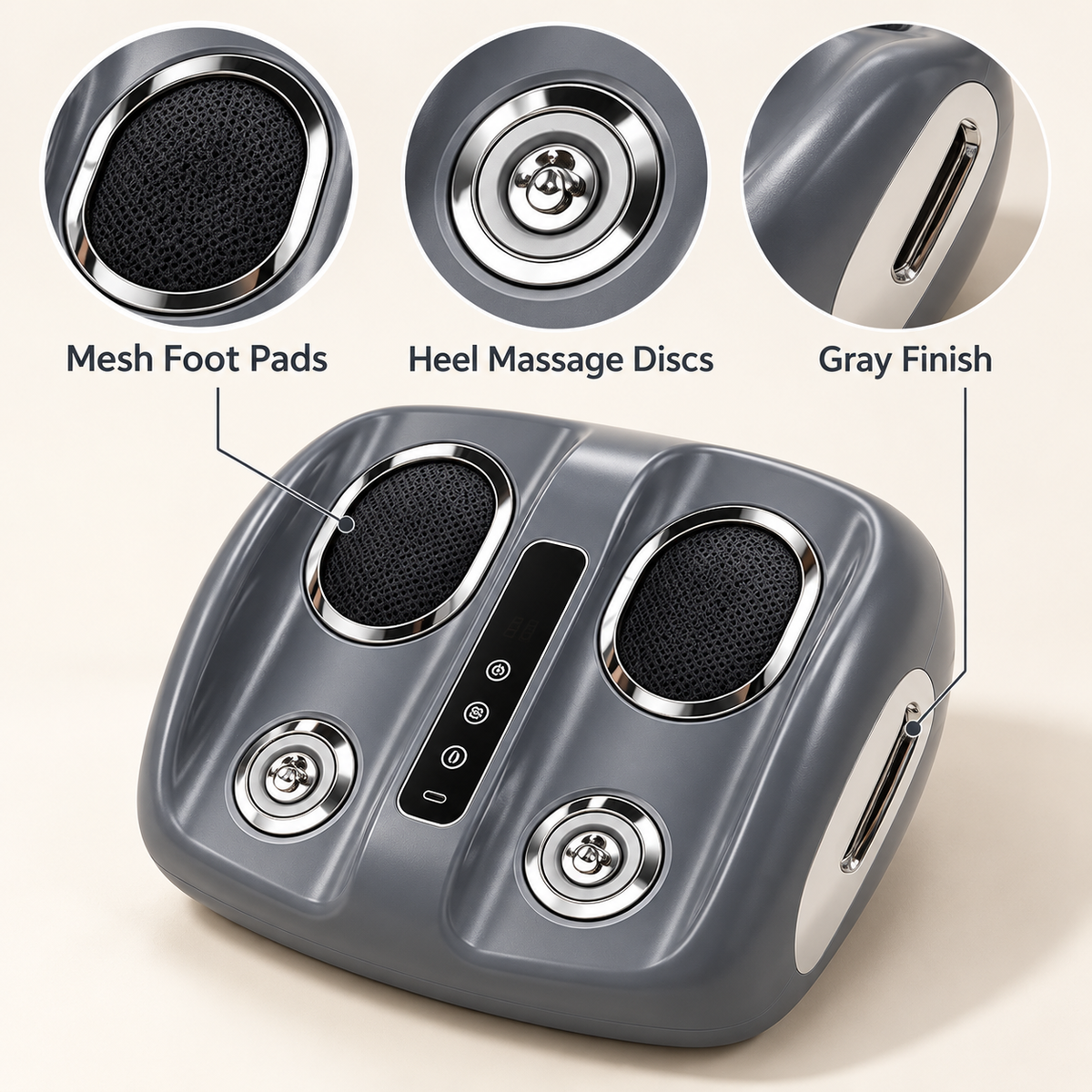 Electric foot massager with heat: foot pad heel disc and gray housing details.