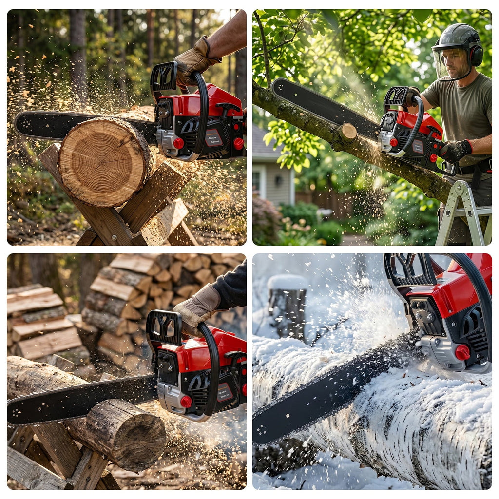 62cc gas chainsaw: wood-cutting application examples.