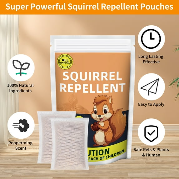 Squirrel repellent pouches: repellent package and feature illustration.