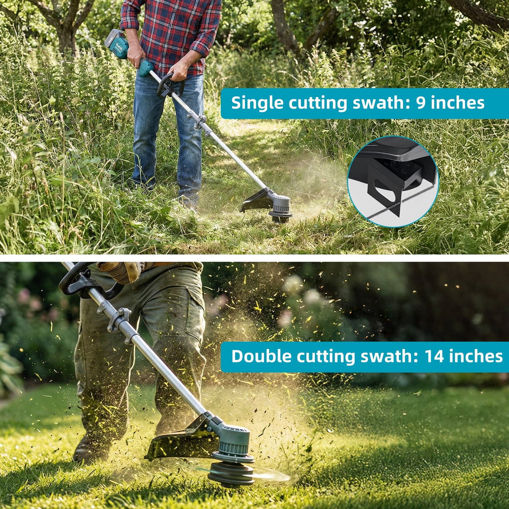 Brushless cordless string trimmer kit: single and double cutting-swath illustration.