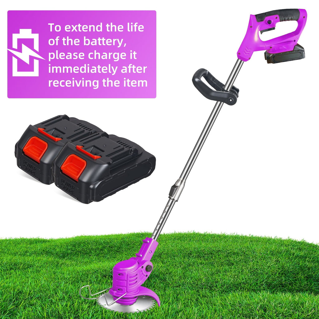 Purple cordless grass trimmer: battery charging reminder.