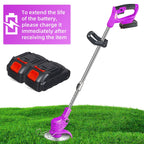 Purple cordless grass trimmer: battery charging reminder.