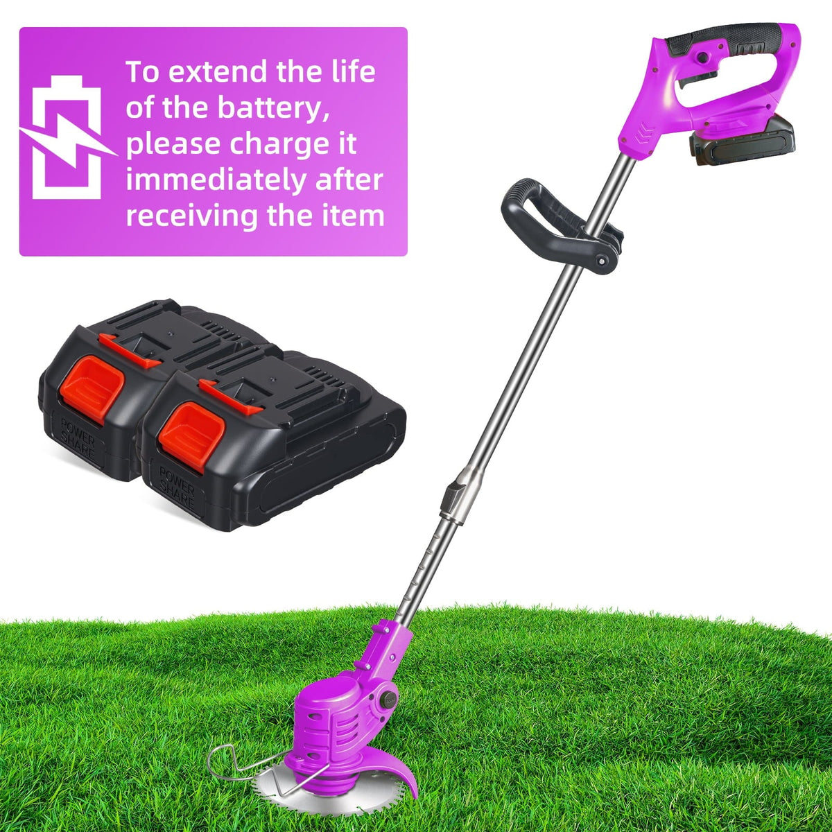 Purple cordless grass trimmer: battery charging reminder.