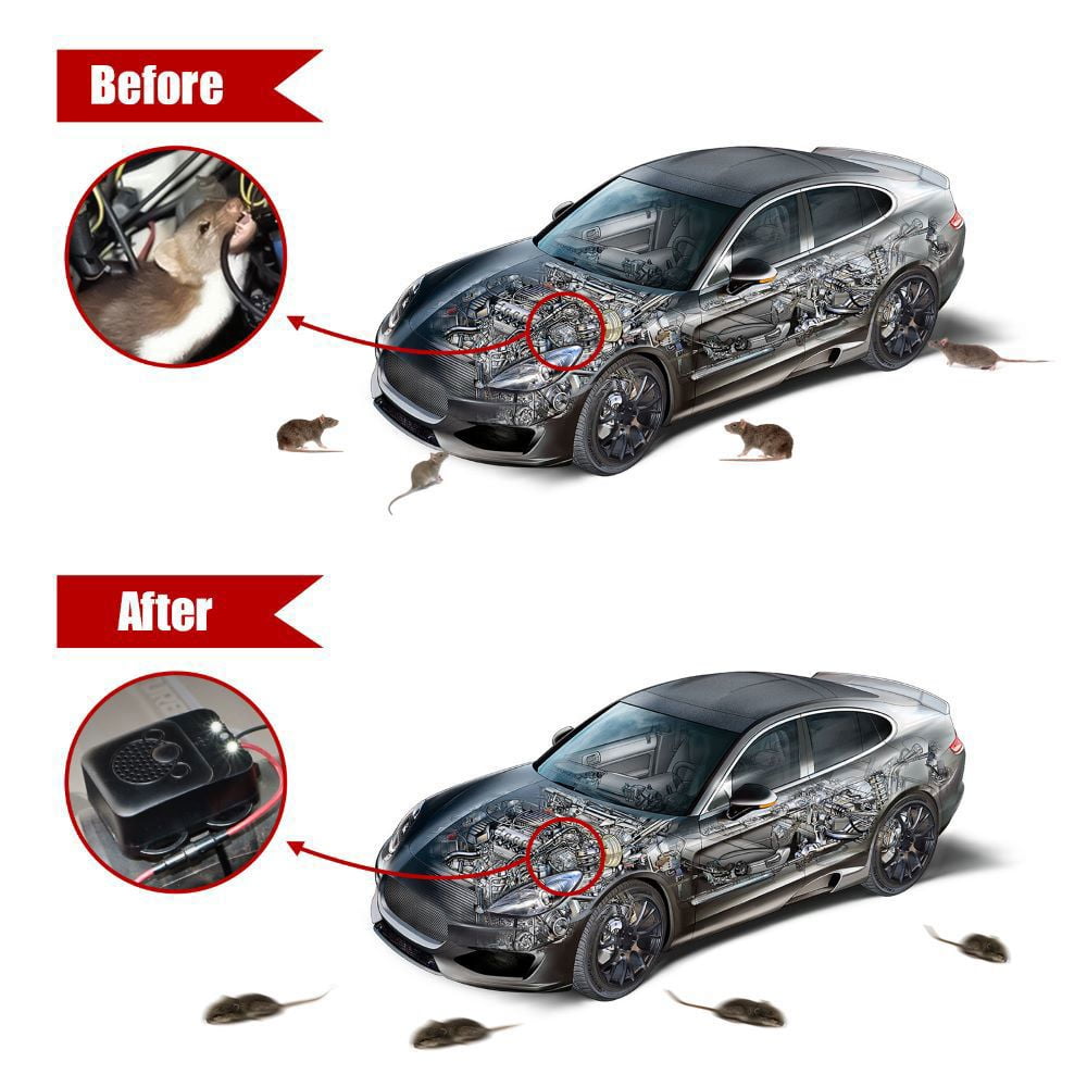 Under hood rodent repeller 2 pack: vehicle before-and-after artwork.