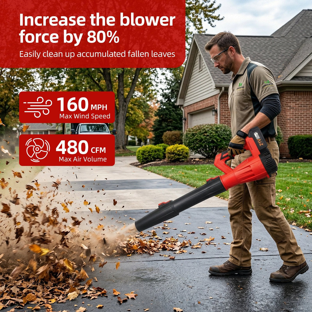 6 speed cordless leaf blower: blower clearing leaves.