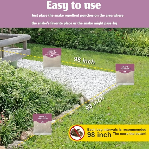 Snake repellent pouches: pouch spacing along garden border.