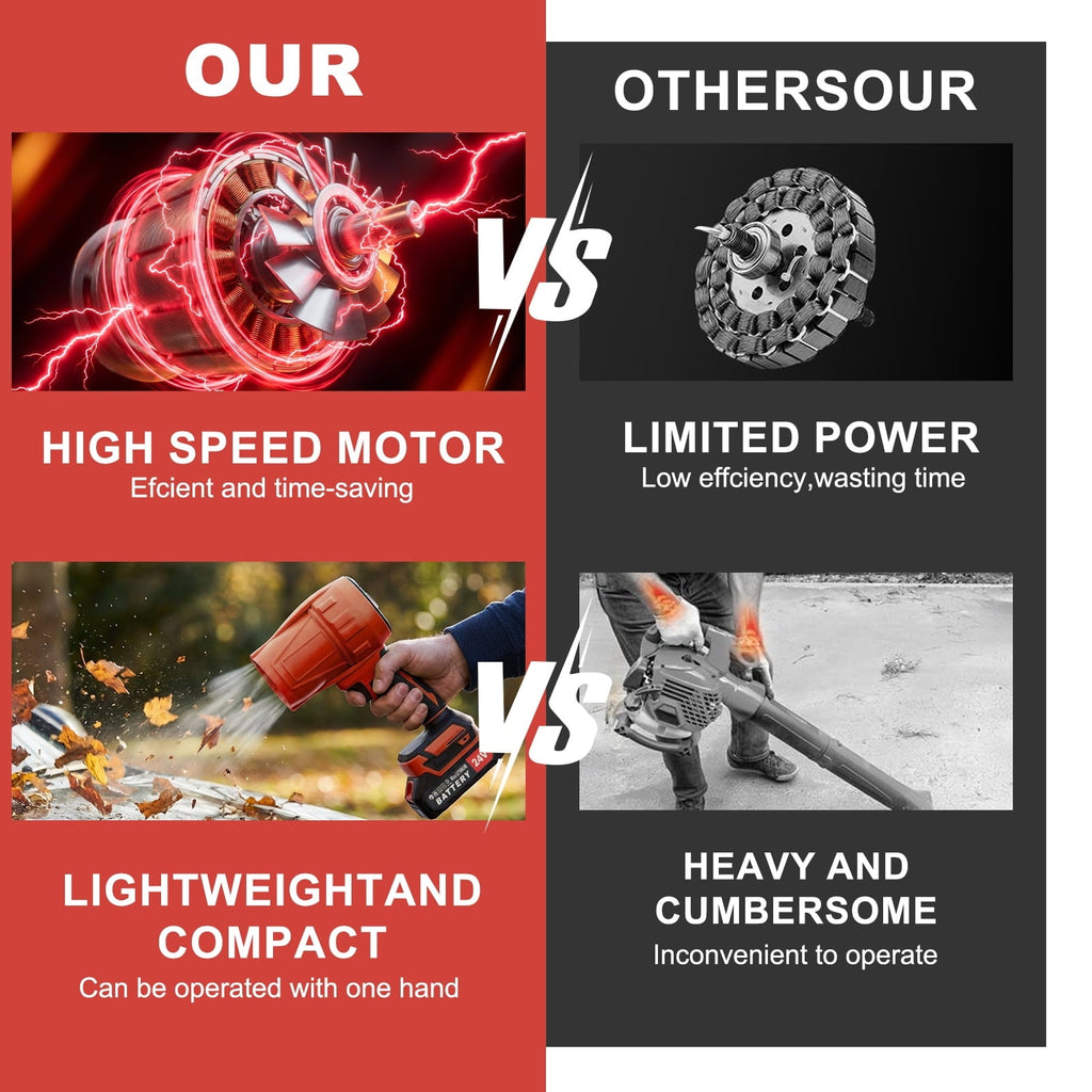 Red cordless leaf blower: motor and body comparison infographic.