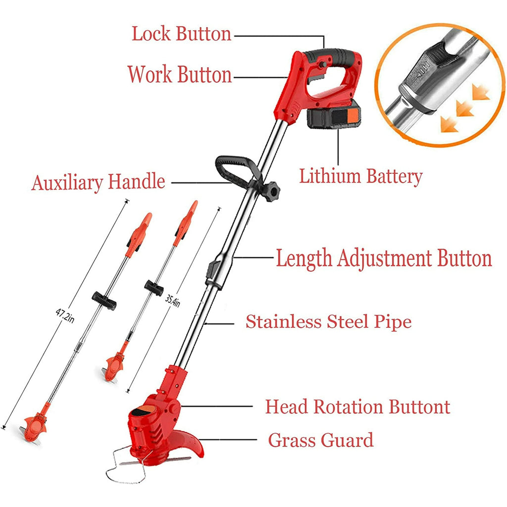 Cordless lawn trimmer with wheels: labeled handle controls and shaft.