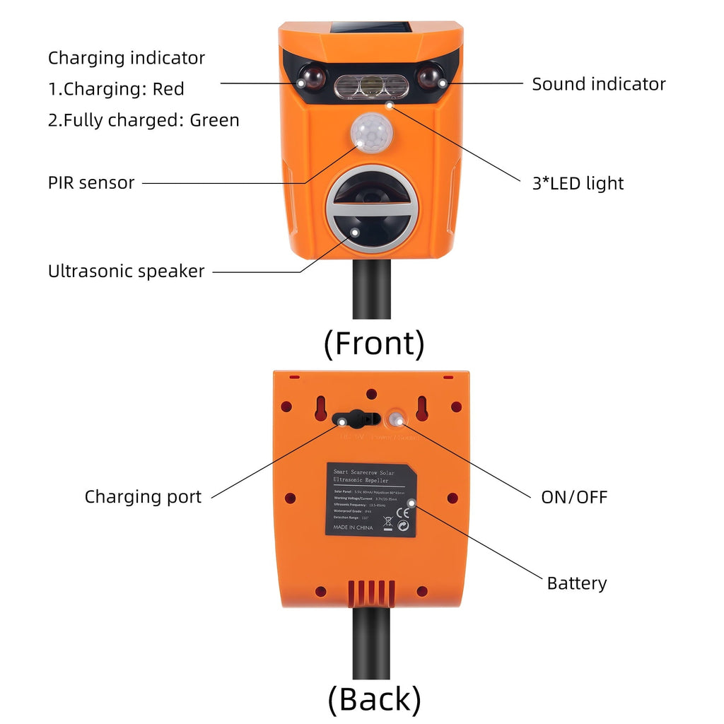 Solar ultrasonic animal repeller: front and rear controls diagram.
