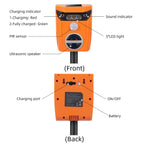 Solar ultrasonic animal repeller: front and rear controls diagram.