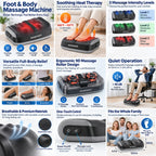 Shiatsu foot massager with heat: feature and care infographic.