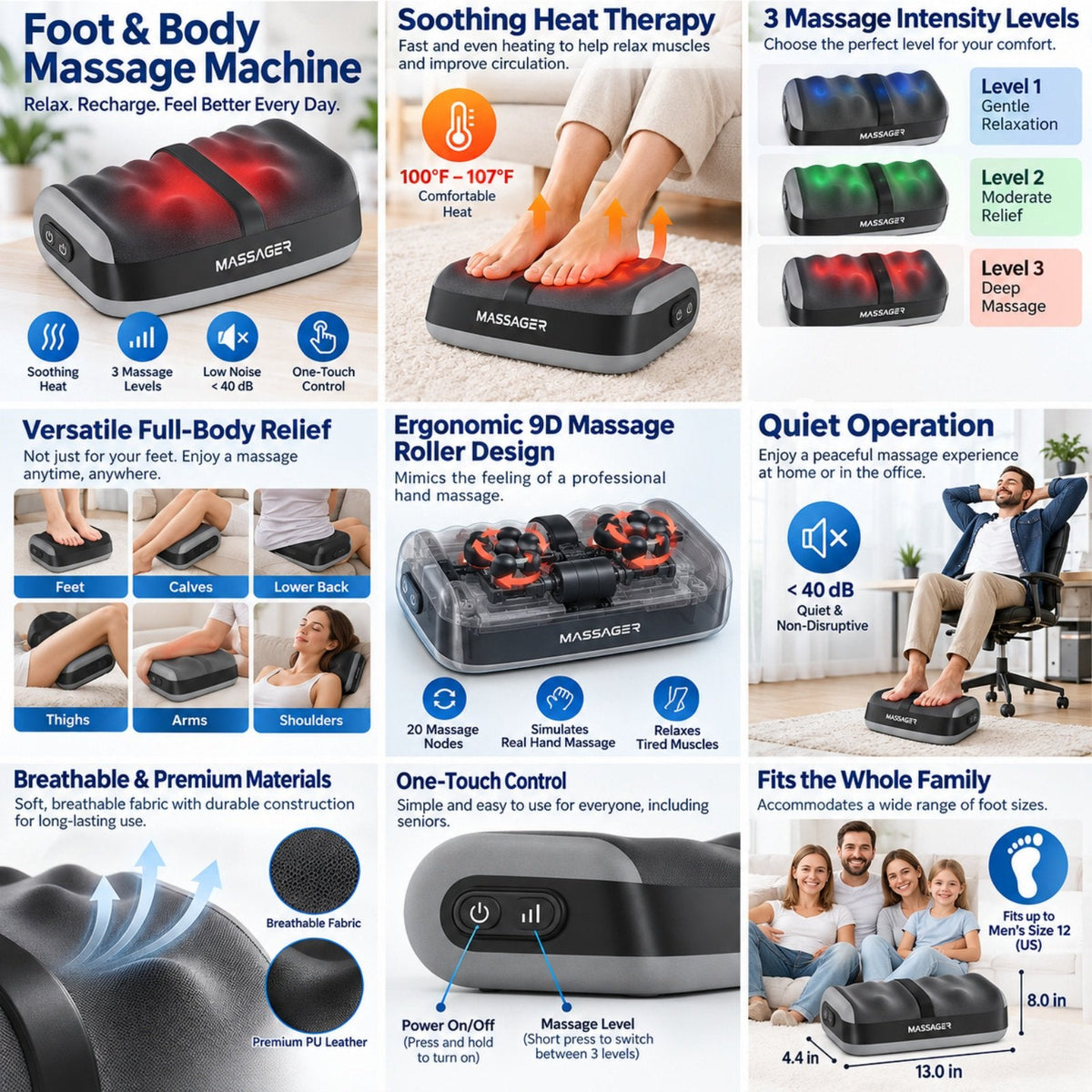 Shiatsu foot massager with heat: feature and care infographic.