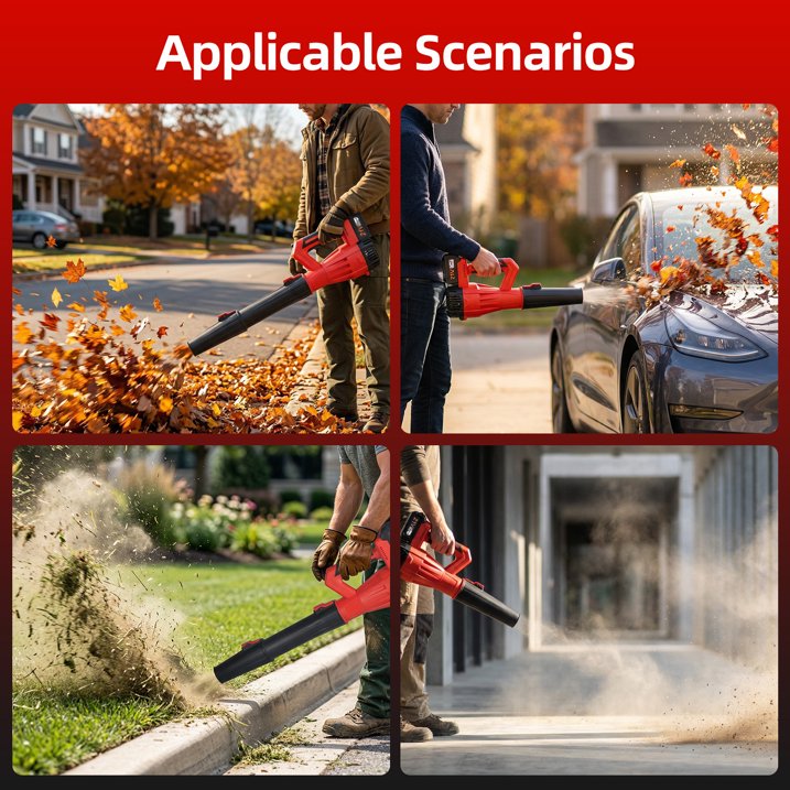 6 speed cordless leaf blower: blower on driveway car and lawn.