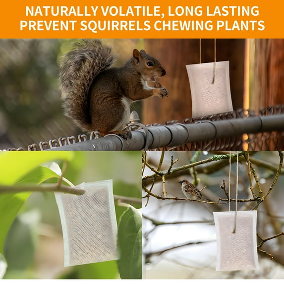 Squirrel repellent pouches: pouch suspended beside wooden support.