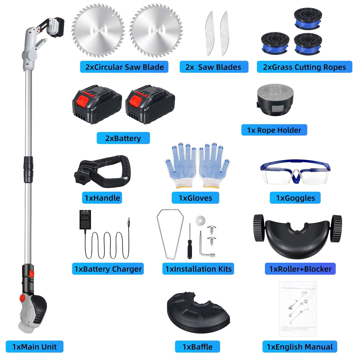 Cordless trimmer with wheels: kit contents and accessories.