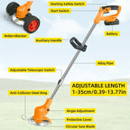 Orange cordless brush cutter: labeled handle shaft guard and wheels.