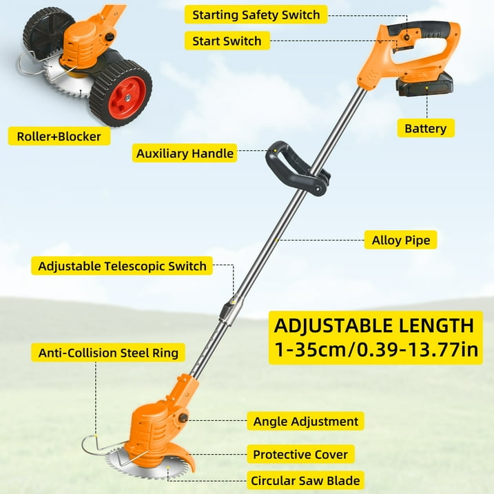 Orange cordless brush cutter: labeled handle shaft guard and wheels.